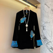 新中式 国风蝴蝶图气质显瘦丝绒上衣大码 女装 新款 胖mm宽松遮肉大衫