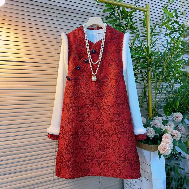 国风提花毛毛坎袖裙加绒打底套装