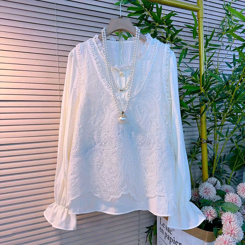 2026春季新款胖mm大码女装刺绣蕾丝马甲木耳花边喇叭袖衬衫两件套,女装/女士精品,大码套装,淘宝优惠券,粉丝福利购,淘宝优惠卷