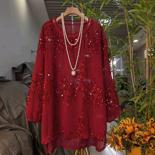 宽松遮肉长袖 欧货新款 胖mm重工亮片洋气显瘦大衫 女装 百搭上衣 大码