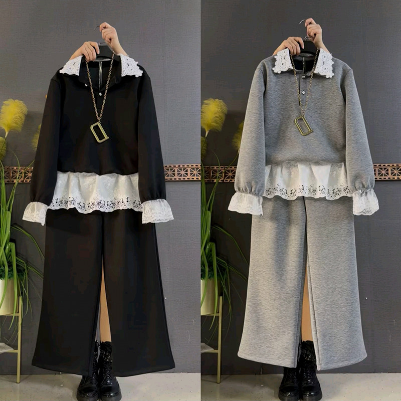 胖妹妹2026春季新款大码女装时尚显瘦拼接花边上衣松紧腰裤子套装,女装/女士精品,大码套装,淘宝优惠券,粉丝福利购,淘宝优惠卷