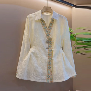 女装 早秋新款 大码 衬衫 胖妹妹百搭上衣 设计感刺绣翻领重工拼接长袖