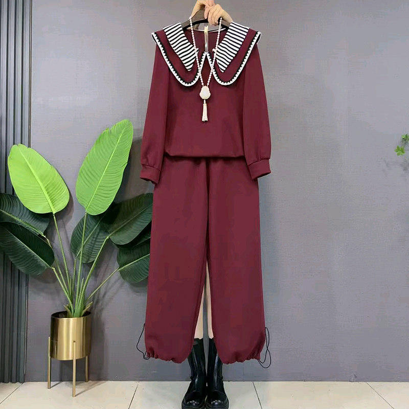 大码女装条纹娃娃领卫衣阔腿裤两件套韩版显瘦上衣休闲裤子套装潮,女装/女士精品,大码套装,淘宝优惠券,粉丝福利购,淘宝优惠卷