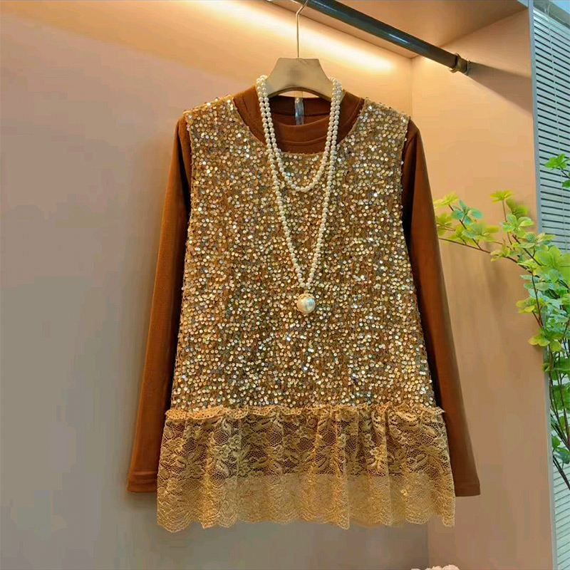 蕾丝边亮片马甲打底衫套装