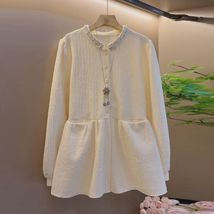 洋气遮肉显瘦衬衫 秋季 女装 欧货重工钉珠圆领上衣胖妹妹大码 潮 新款