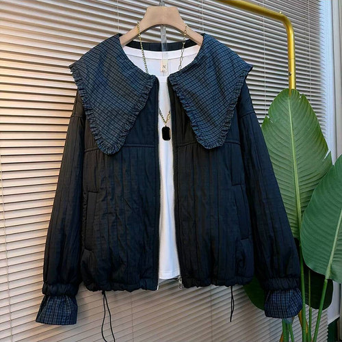 轻奢拼格娃娃领减龄韩版夹棉外套