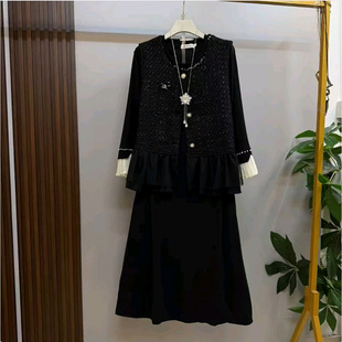 胖妹妹春季新款小香风钉珠马甲撞色拼袖打底连衣裙套装大码女装潮