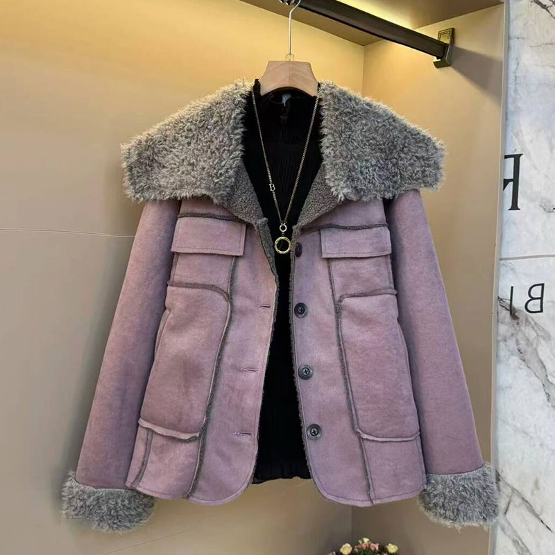 皮毛一体百翻领外套上衣开衫