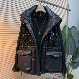 新款 韩版 亮片棉马甲2025冬季 女装 连帽马夹胖MM保暖棉衣潮 简约大码