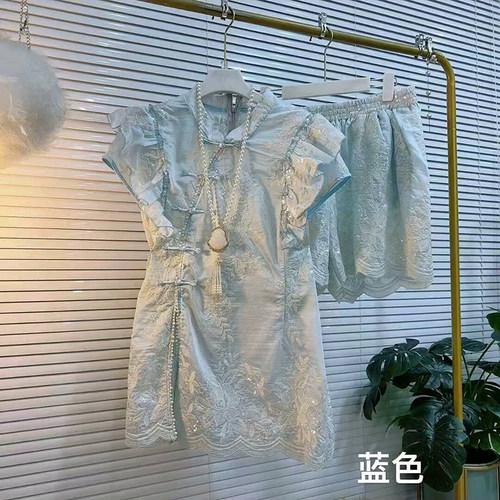 大码新中式刺绣上衣短裤两件套新