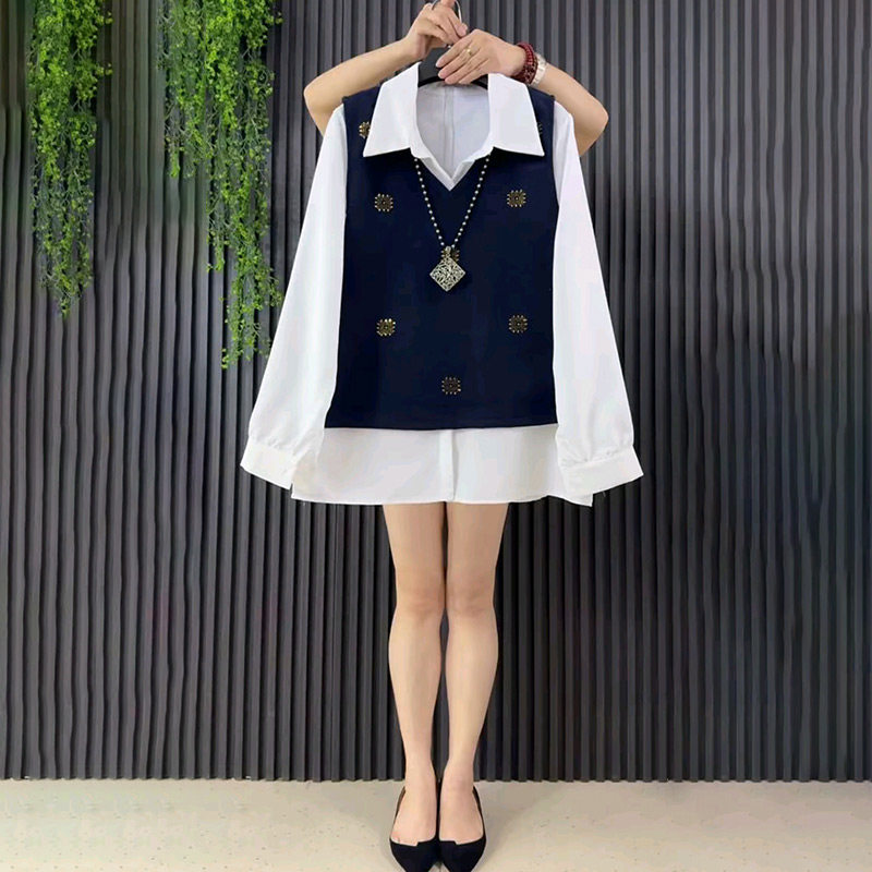 胖妹妹2026新款烫钻套头马甲百搭翻领衬衫套装大码女装百搭两件套,女装/女士精品,大码套装,淘宝优惠券,粉丝福利购,淘宝优惠卷