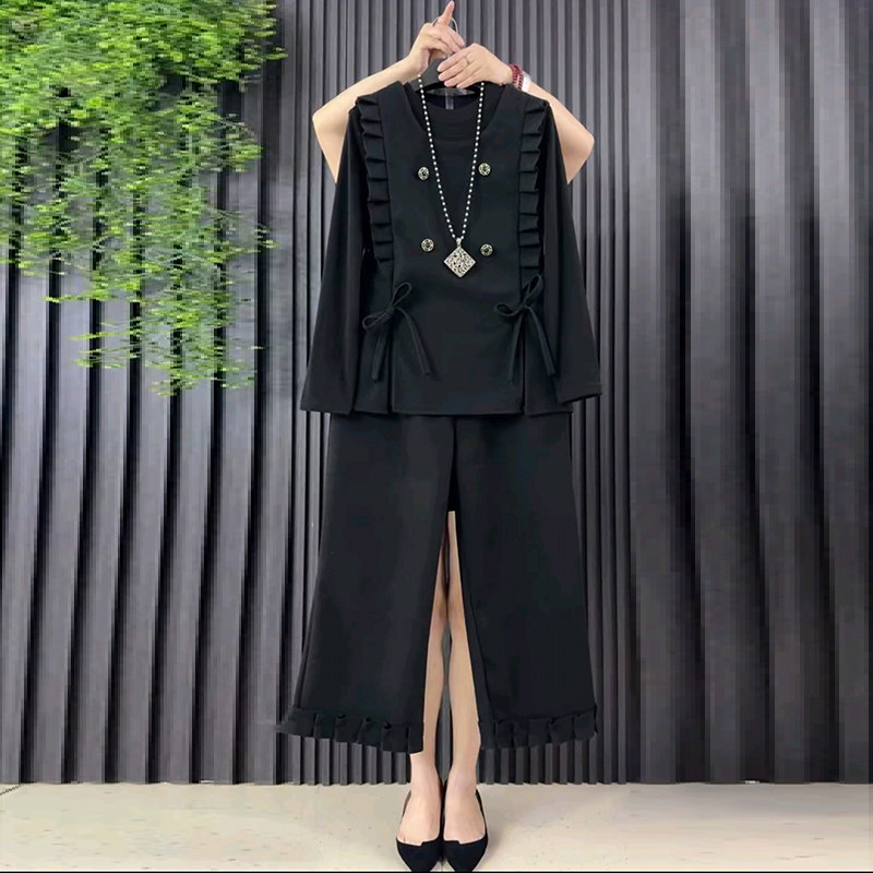 胖MM显瘦蝴蝶结木耳边马甲大码女装阔腿裤新款百搭打底衫两件套潮,女装/女士精品,大码套装,淘宝优惠券,粉丝福利购,淘宝优惠卷