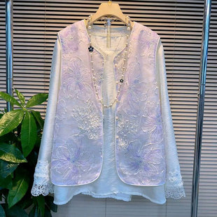 新中式复古国风重工花朵马甲打底衫两件套2026春季新款大码女装潮