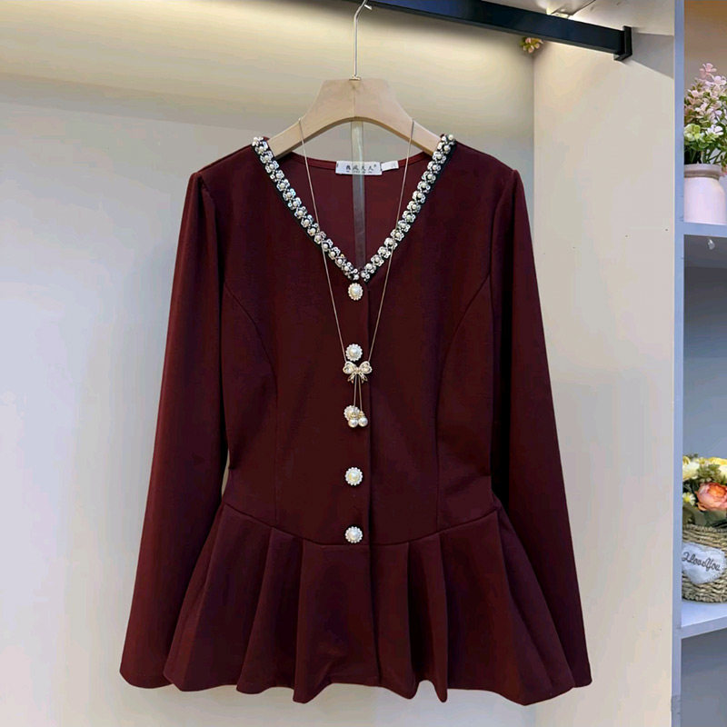 欧货钉珠领设计款收腰女人衫春季新款胖妹妹气质显瘦上衣大码女装,女装/女士精品,大码内搭,淘宝优惠券,粉丝福利购,淘宝优惠卷