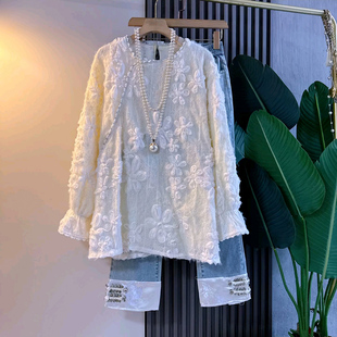 重工钉珠大衫 大码 上衣胖mm减龄百搭内搭新款 蕾丝立体花朵长袖 女装