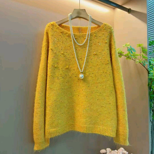 女装 毛衣大码 胖mm软糯舒适上衣 欧货慵懒风洋气钉珠亮钻针织衫 新款