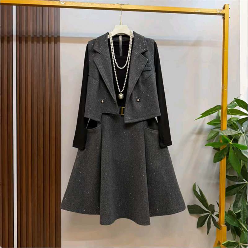 亮闪闪西服马甲打底裙套装