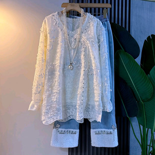 设计感拼接牛仔裤 胖妹妹钉珠钉钻蕾丝绣花遮肉大衫 女装 大码 潮 新款