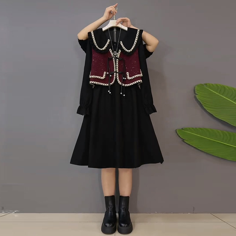 复古盘扣小香风马甲娃娃领连衣裙