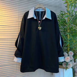 新款 长袖 大码 胖MM百搭拼色假两件polo领中长款 上衣 女装 2024冬季