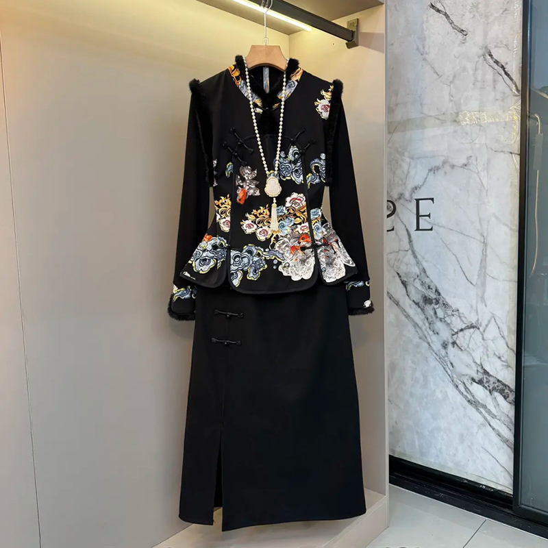 新中式提花内搭马甲半身裙三件套