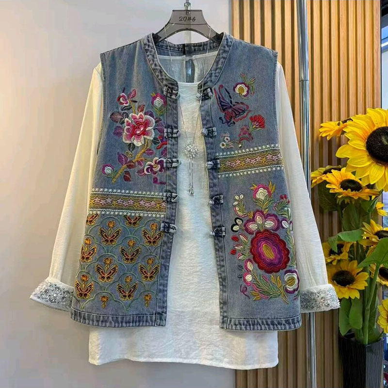 2026春季新款欧货重工刺绣复古新中式牛仔马甲大码女装胖mm打底衫,女装/女士精品,常规大码外套,淘宝优惠券,粉丝福利购,淘宝优惠卷