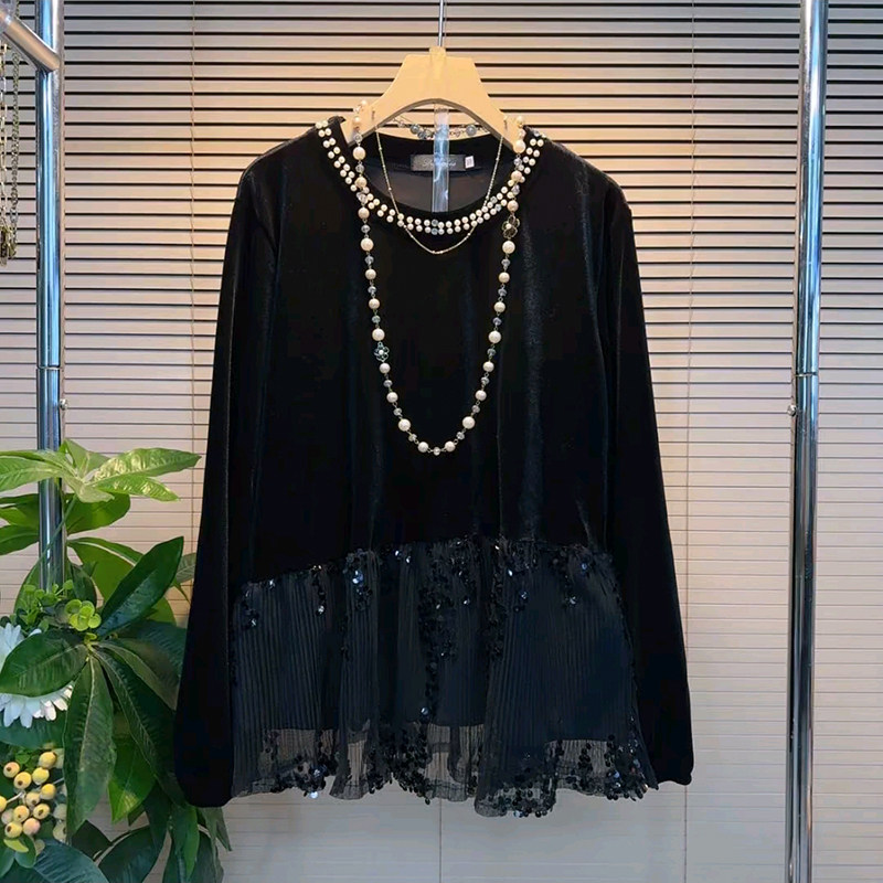 胖mm大码女装春季2026新款圆领钉珠洋气拼接显瘦百搭长袖丝绒小衫,女装/女士精品,大码内搭,淘宝优惠券,粉丝福利购,淘宝优惠卷