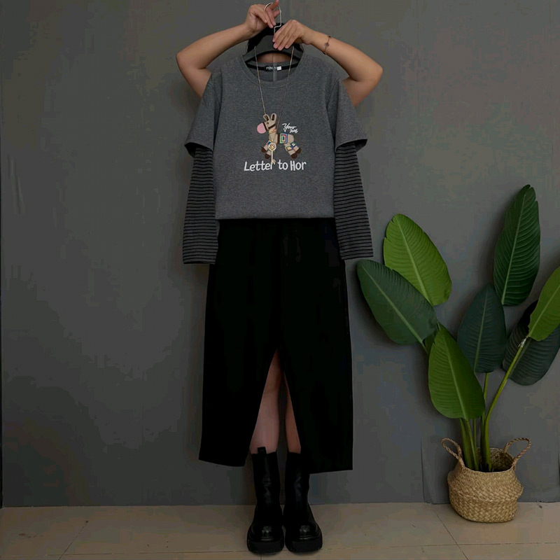 条纹袖拼接假两件上衣裤子