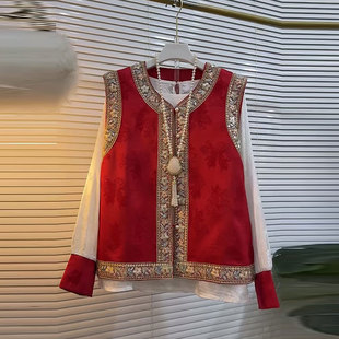 2026春季新款大码女装中式国风刺绣花边马甲百搭打底衫两件套装女