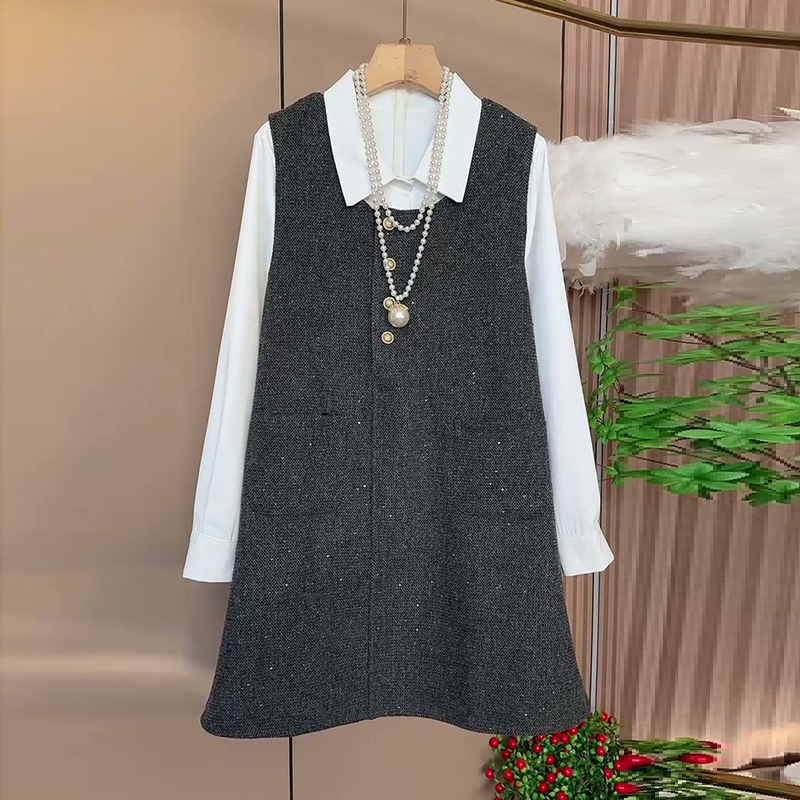 小香风大码女装纽扣马甲裙打底衫