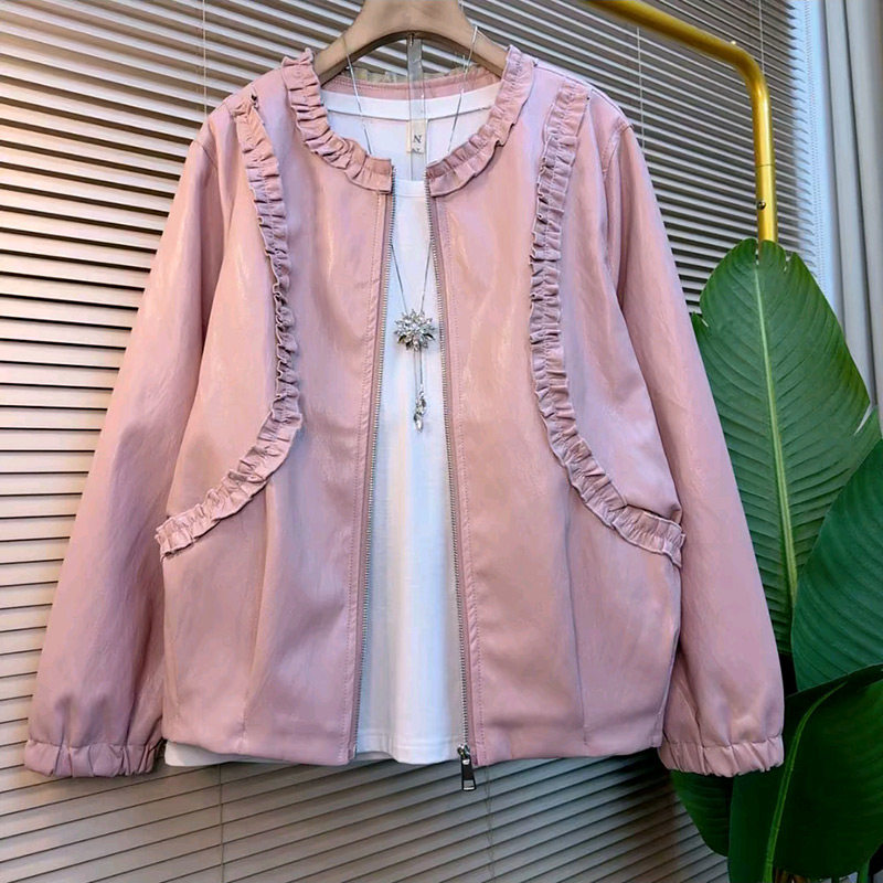 早春新款韩版时尚木耳花边PU圆领外套胖妹妹大码女装甜美显瘦外衣