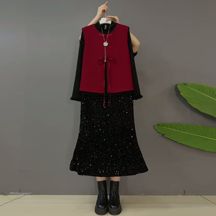 显瘦复古风马夹套装 大码 三件套新款 减龄马甲亮片半身裙打底衫 女装