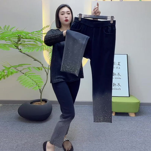 小脚裤子高弹渐变色烫钻烟筒裤