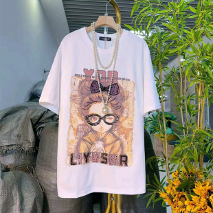 女装 2025新款 T恤大码 长款 胖妹妹减龄显瘦长上衣 欧货亮片女孩短袖