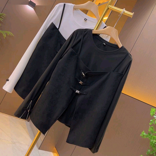 女装 大码 胖MM时尚 气质假两件开衩袖 2025冬季 口拉链设计打底衫 新款
