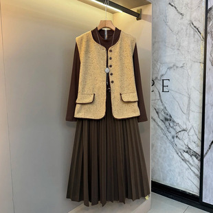 随性优雅套裙潮 女装 名媛风简约纽扣马甲拼接连衣裙套装 胖妹妹大码