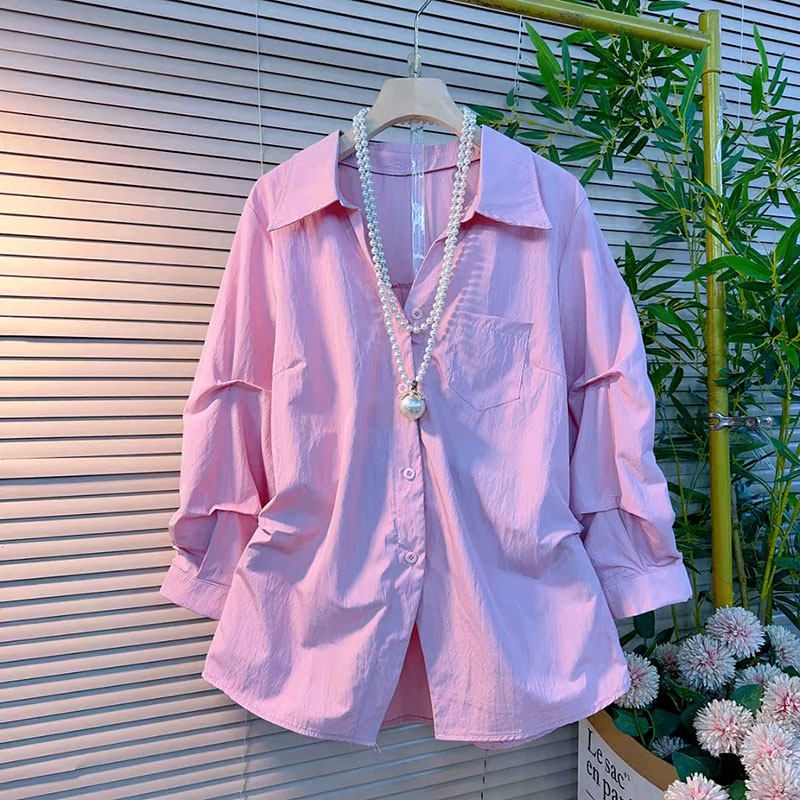 时尚设计感糖果纯色灯笼袖衬衫上衣大码女装遮肉显瘦宽松春季新款