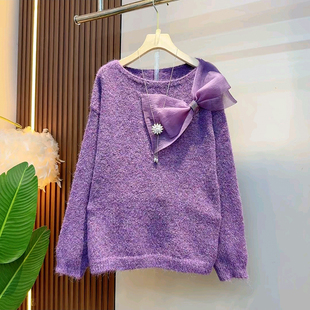 女装 大码 胖MM简约洋气百搭蝴蝶结装 饰时尚 2025冬季 显瘦针织衫 新款