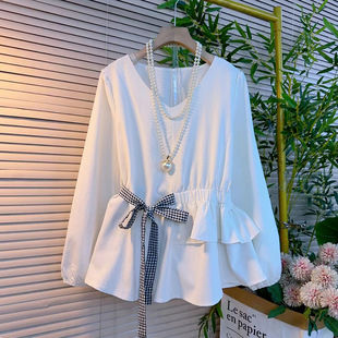 女装 新款 V领不等式 秋季 设计感上衣潮 抽腰系带纯色小衫 胖妹妹大码