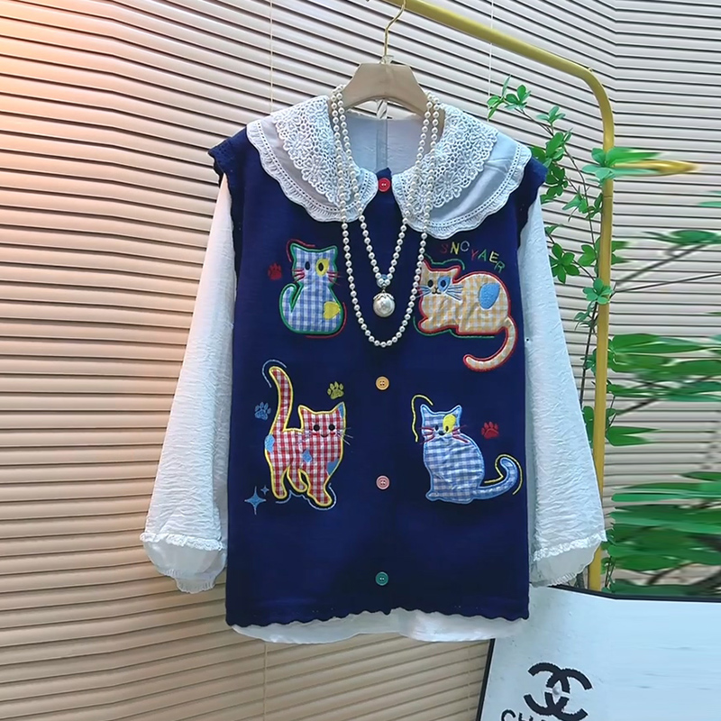 新款刺绣针织开衫马甲娃娃领衬衫