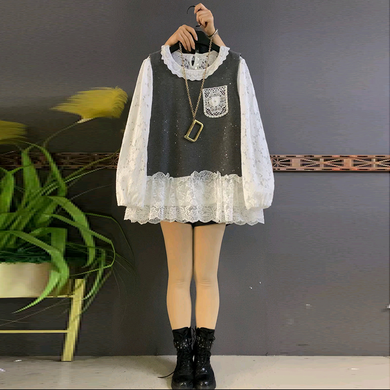 拼接马甲大码女装蕾丝打底两件套