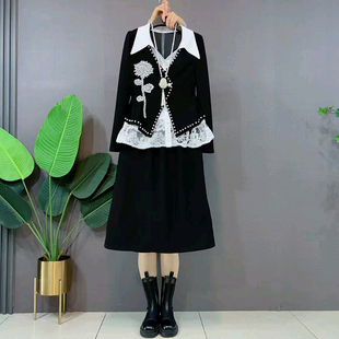 胖MM显瘦烫钻翻领上衣新款 蕾丝假两件衬衫 半身裙潮 女装 小香风大码