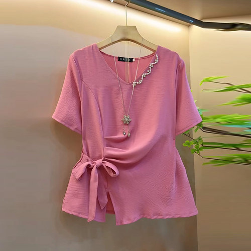 韩版气质V领钉珠系带洋气小衫新
