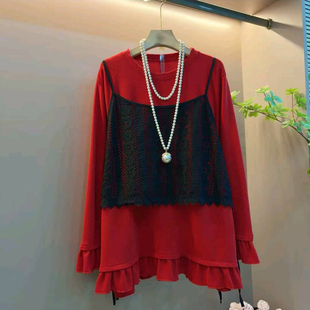 韩版 衫 洋气拼蕾丝显瘦假两件上衣大码 胖mm宽松减龄长袖 女 女装 新款