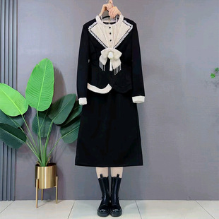 女装 加绒加厚套裙大码 重工蝴蝶结流苏拼接上衣裙子套装 胖妹妹新款