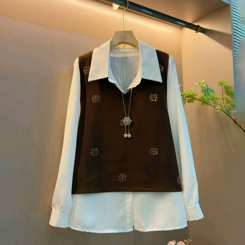 胖妹妹2026春季新款大码女装高级感减龄翻领镶钻衬衫针织马甲套装,女装/女士精品,大码套装,淘宝优惠券,粉丝福利购,淘宝优惠卷