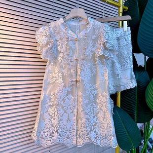 女装 套装 2024年夏季 胖妹妹重工国风刺绣气质上衣短裤 新款 宽松大码