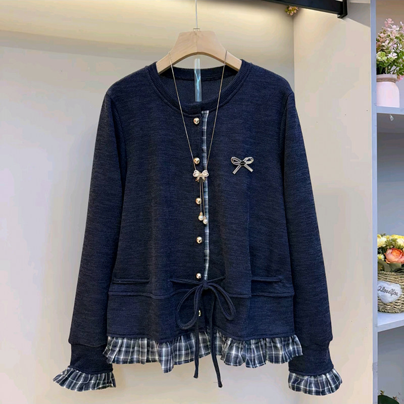 胖妹妹大码女装春季2026新款欧货设计款拼接网格底摆抽绳洋气开衫,女装/女士精品,大码内搭,淘宝优惠券,粉丝福利购,淘宝优惠卷