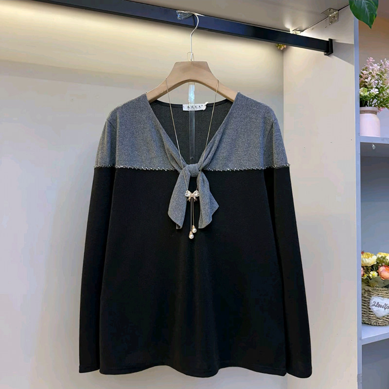 胖妹妹大码女装春季2026新款欧货拼接钉珠系带V领气质百搭女人衫,女装/女士精品,大码内搭,淘宝优惠券,粉丝福利购,淘宝优惠卷