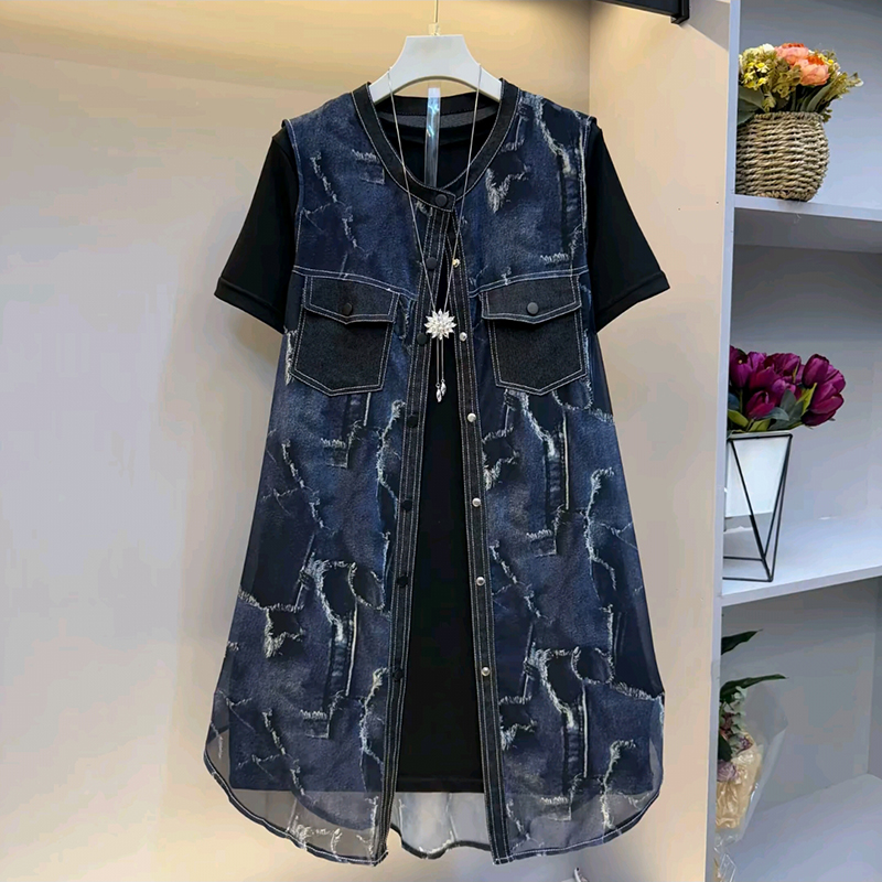 春季新款大码牛仔图印花马甲套装